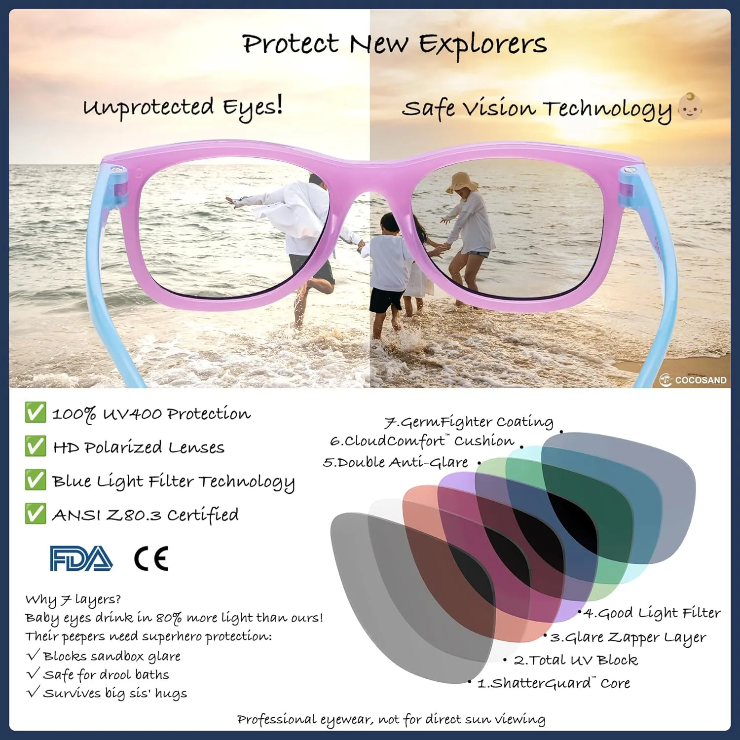COCOSAND Flexible Polarized Baby Sunglasses with Strap UV Protection for Toddler Infant Girl Boy Age 0-24 Months