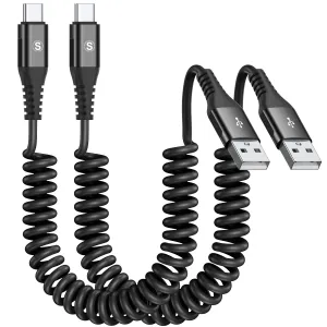 Coiled USB C Cable 2pack 10ft, USB A to USB C Cable for Car, Fast Charger Cord for iPhone 16 15 Pro Max Plus Samsung Galaxy S25 S24 S23 S22 S21 S20 S10 S9 Note 20 10 9 Flip A54 A15 A14 Pixel LG Moto