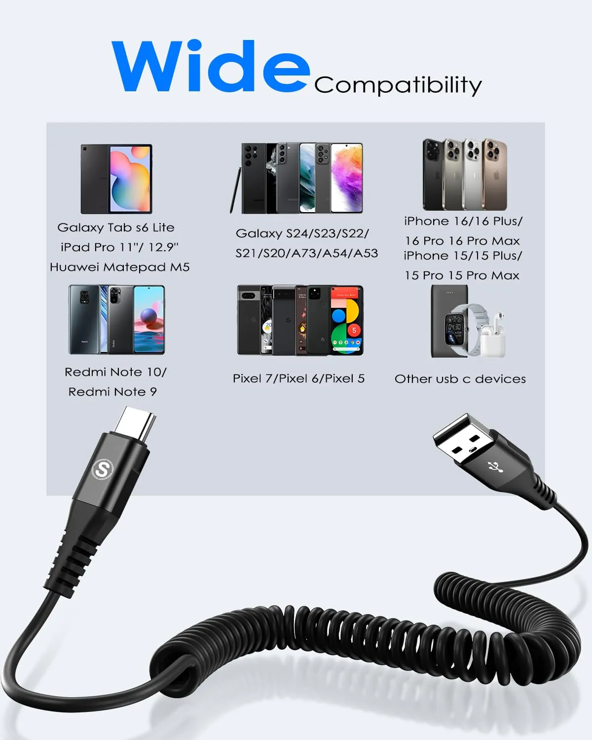 Coiled USB C Cable 2pack 10ft, USB A to USB C Cable for Car, Fast Charger Cord for iPhone 16 15 Pro Max Plus Samsung Galaxy S25 S24 S23 S22 S21 S20 S10 S9 Note 20 10 9 Flip A54 A15 A14 Pixel LG Moto