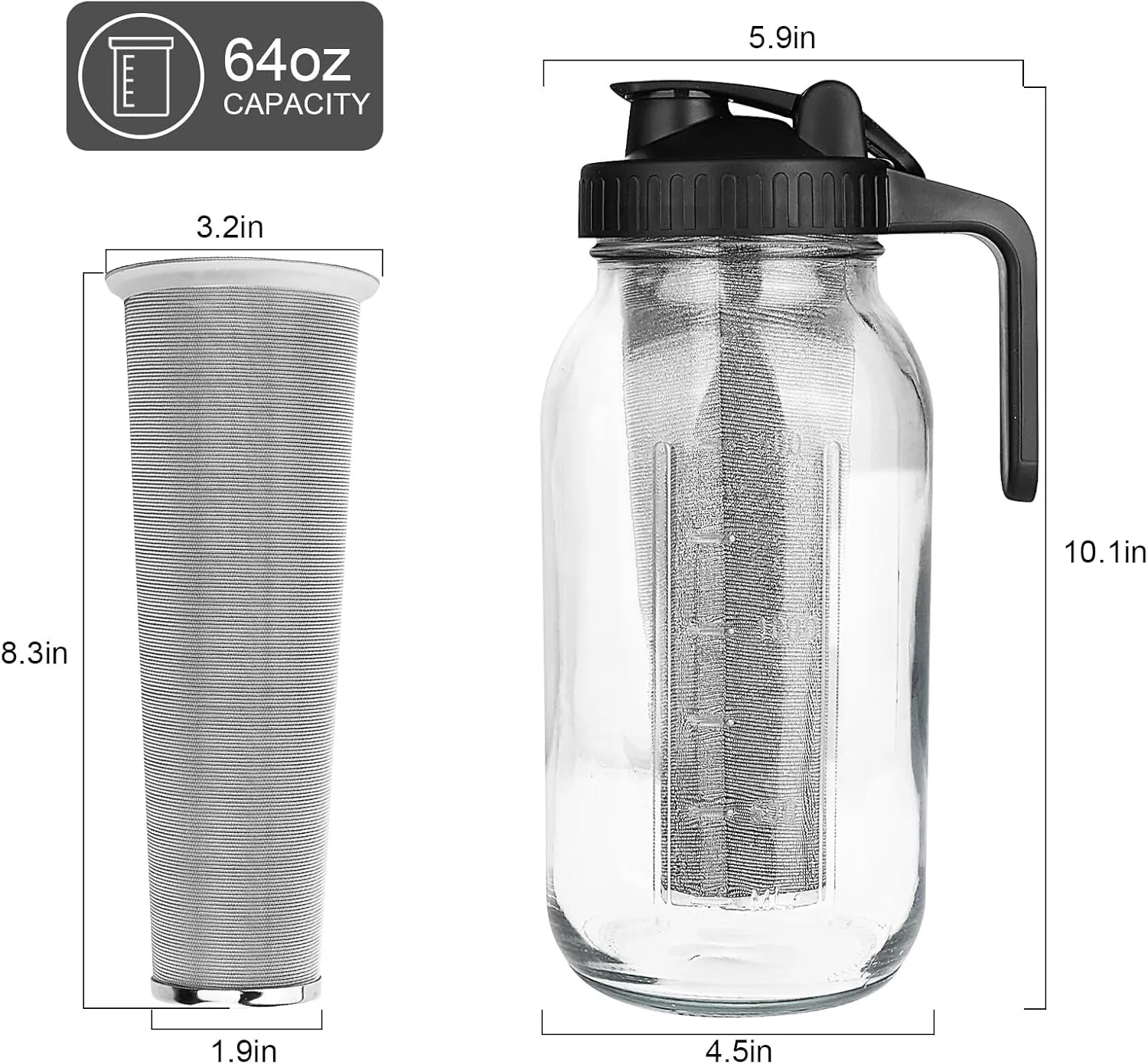 Cold Brew Coffee Maker,64 oz Mason Jar Pitcher with Stainless Steel Filter, Pour Spout Handle Lid, Heavy Duty Glass Airtight & Leak-Proof Pitcher for iced coffee Tea Lemonade