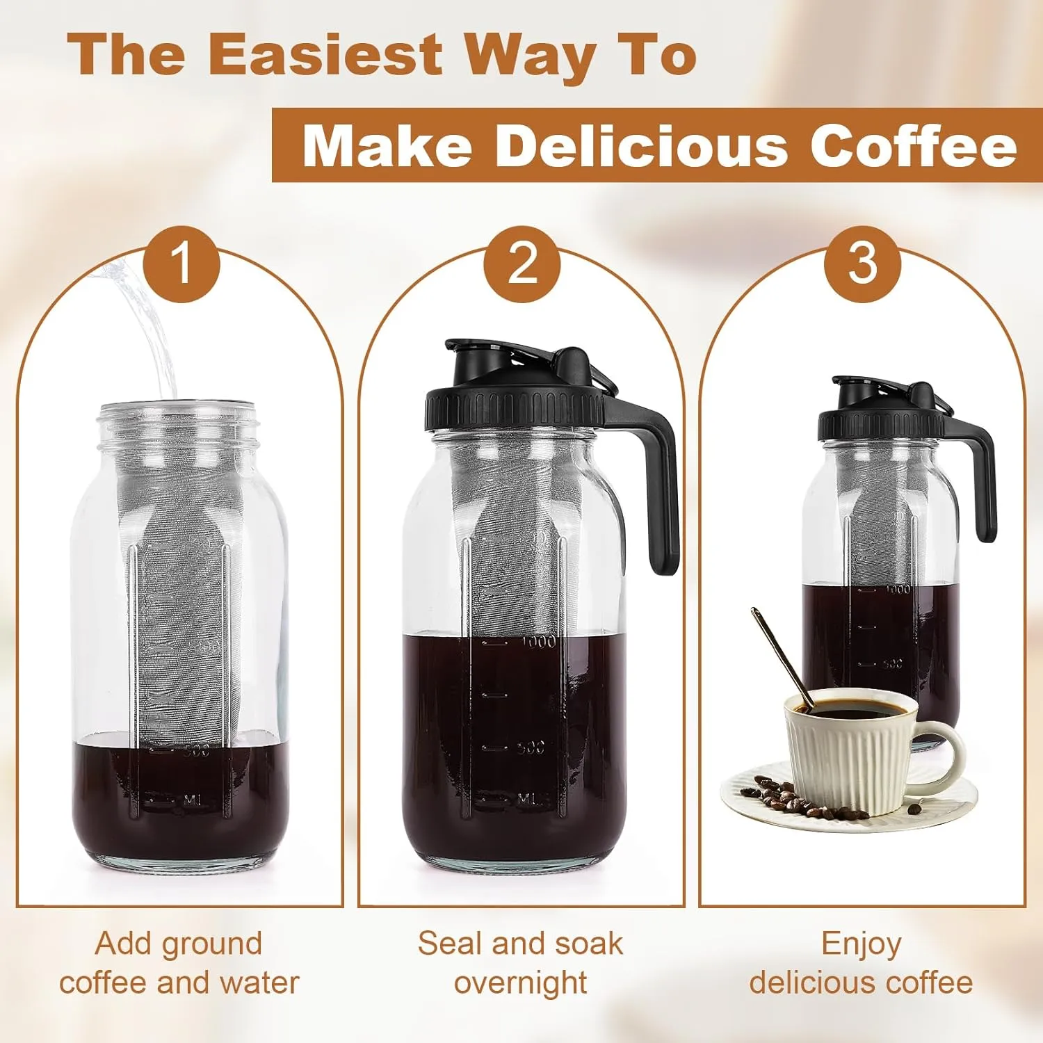 Cold Brew Coffee Maker,64 oz Mason Jar Pitcher with Stainless Steel Filter, Pour Spout Handle Lid, Heavy Duty Glass Airtight & Leak-Proof Pitcher for iced coffee Tea Lemonade