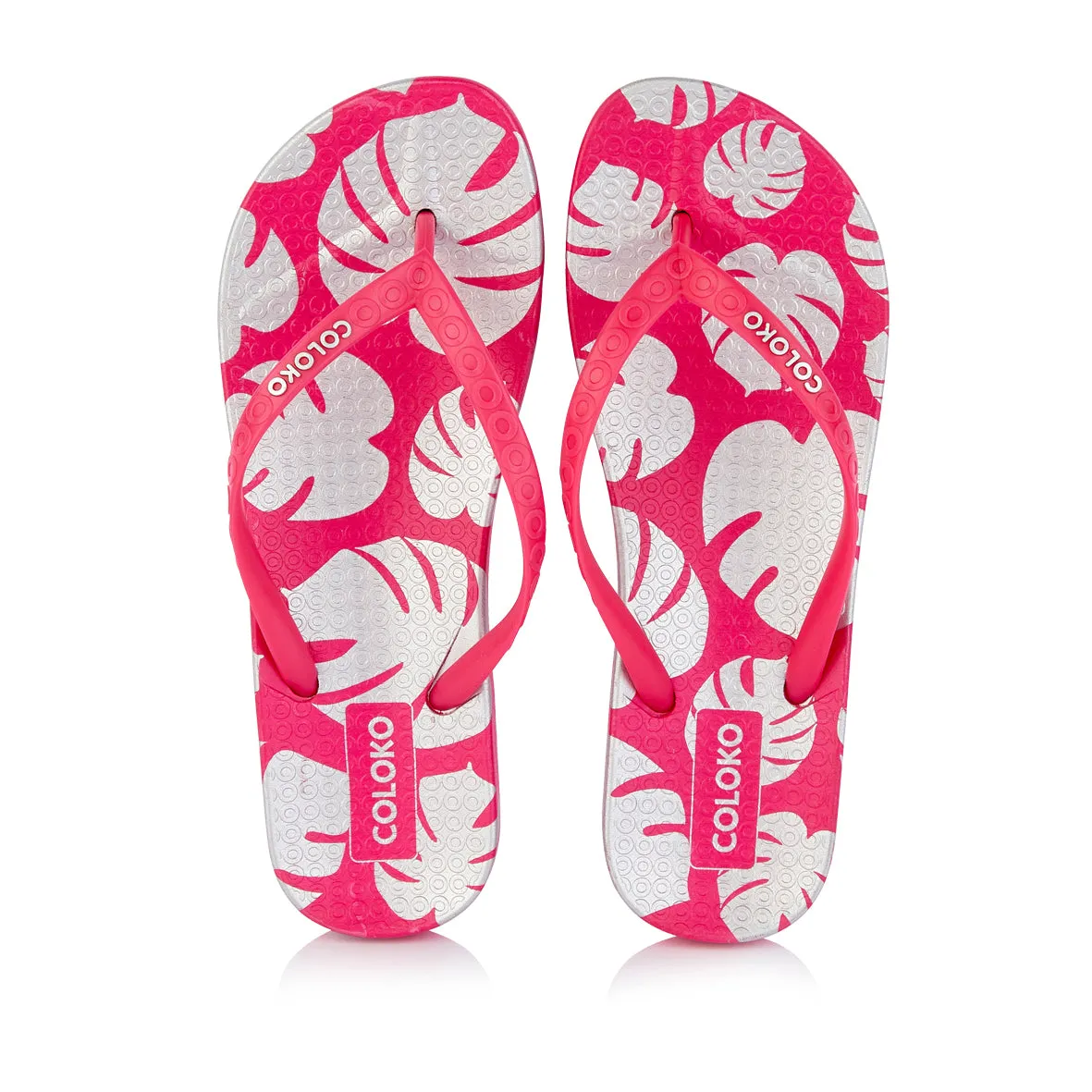 Coloko Ixora Pink & Silver Leaf Ergonomic Footbed Flip Flops