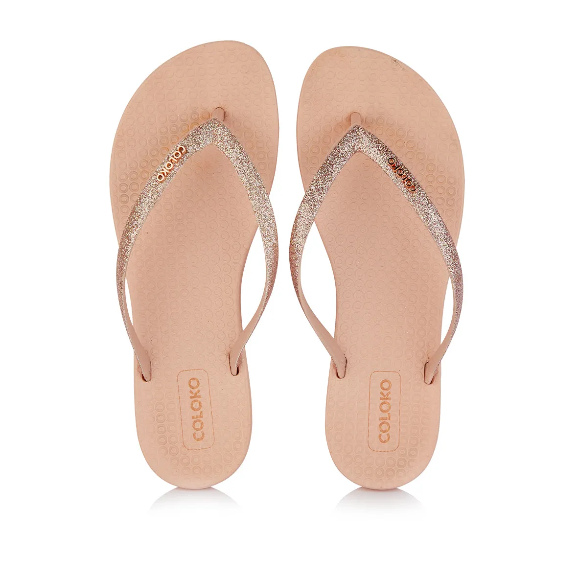 Coloko Orchid Blush Pink Glitter Curve Slim Sole Sparkly Glamorous Flip Flops
