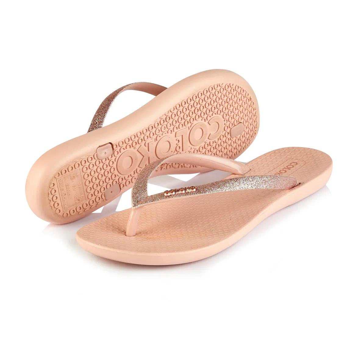 Coloko Orchid Blush Pink Glitter Curve Slim Sole Sparkly Glamorous Flip Flops