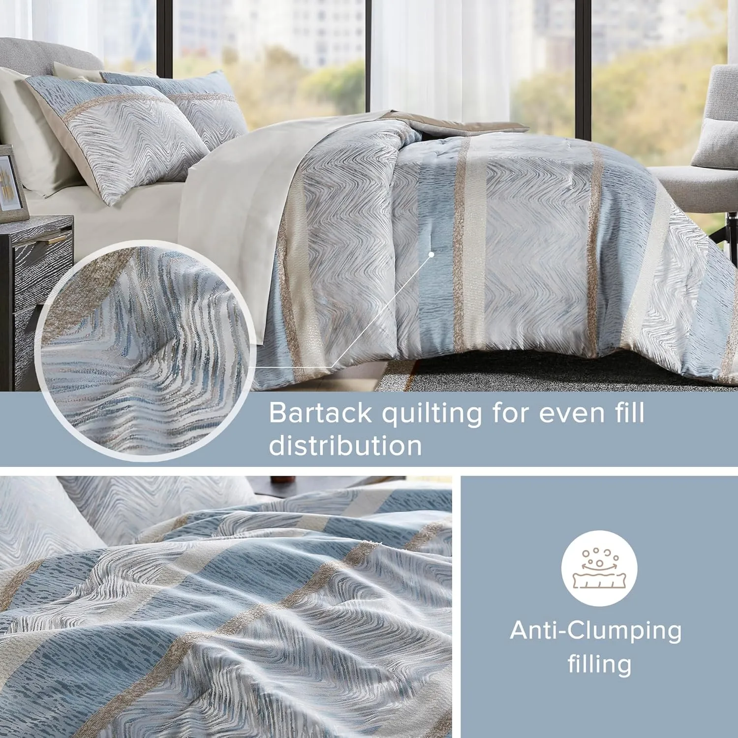 Comfort Spaces Blue King Comforter Set - 7 Pieces Trendy Modern Jacquard Bedding Sets with Sheets, All Seasons Skin-Friendly, Lightweight & Soft Microfiber Bed Set, Shams