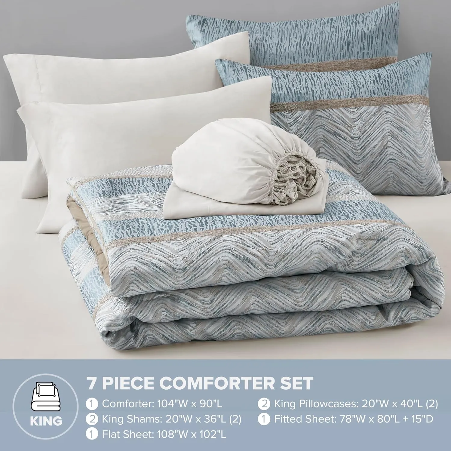 Comfort Spaces Blue King Comforter Set - 7 Pieces Trendy Modern Jacquard Bedding Sets with Sheets, All Seasons Skin-Friendly, Lightweight & Soft Microfiber Bed Set, Shams