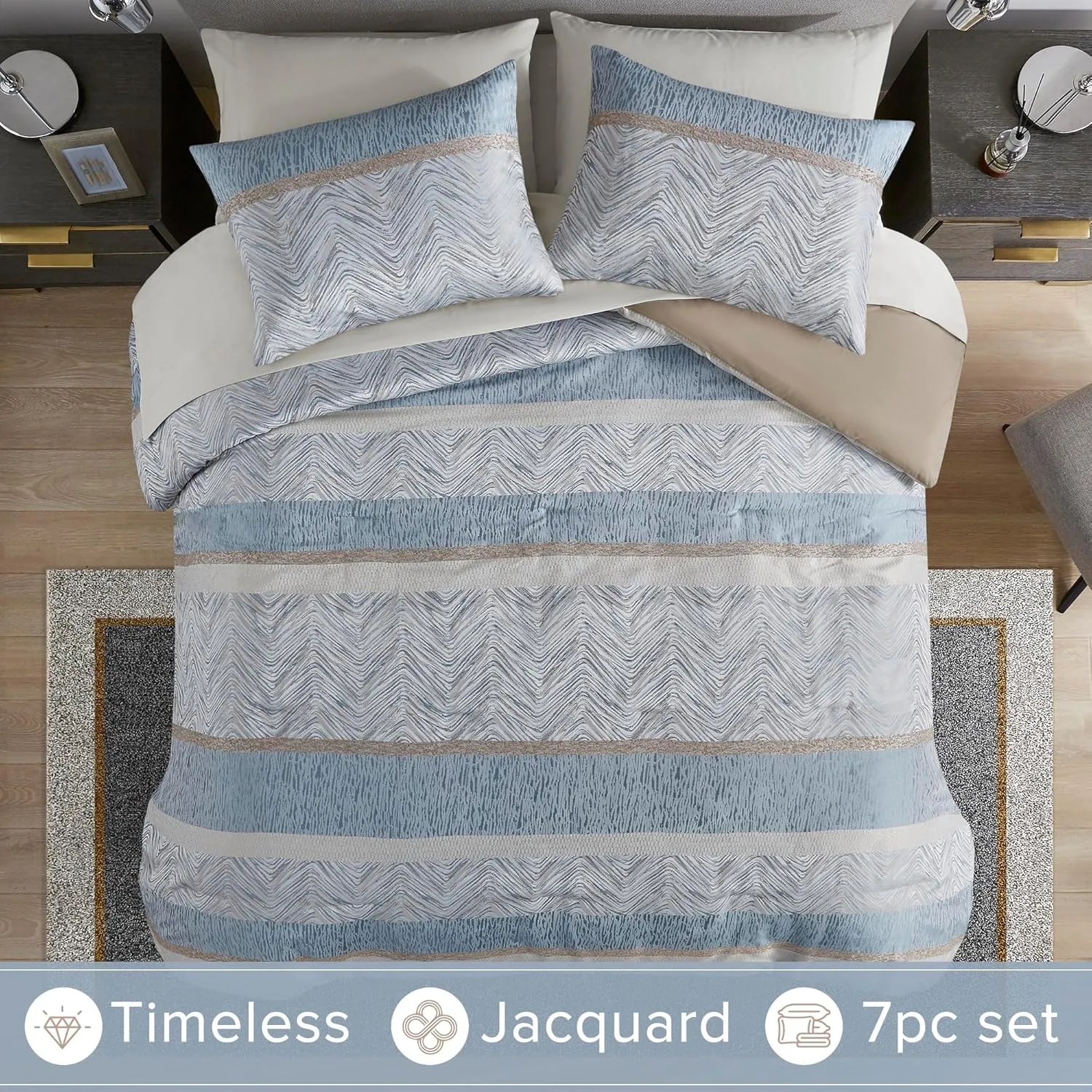 Comfort Spaces Blue King Comforter Set - 7 Pieces Trendy Modern Jacquard Bedding Sets with Sheets, All Seasons Skin-Friendly, Lightweight & Soft Microfiber Bed Set, Shams