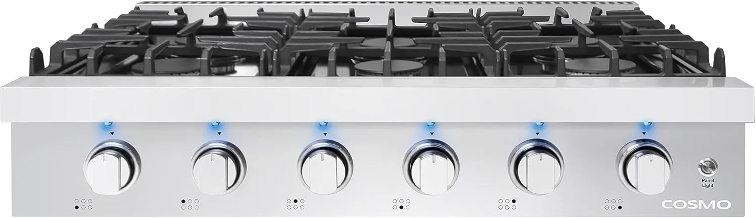 COSMO COS-GRT366 Slide-In Counter Gas-Cooktop 36 inch | 6 Italian-Made Burner Range-Top, Dual Ring Stove, Dishwasher-Safe Cast Iron Grate, Metal Front Knob Control Panel, 36 inch, Stainless Steel