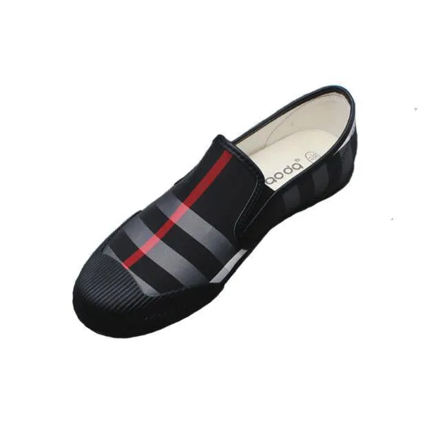 Cost-efficient Best-in-class Black Men Loafers Stripe Red Leather Canvas Shoes