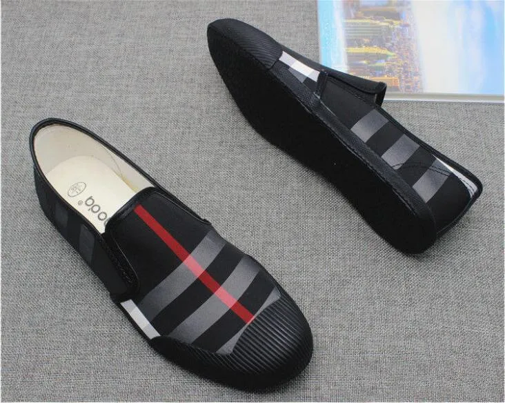 Cost-efficient Best-in-class Black Men Loafers Stripe Red Leather Canvas Shoes