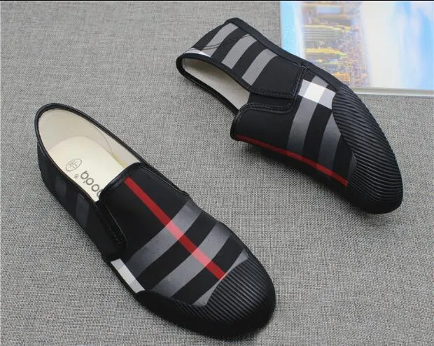 Cost-efficient Best-in-class Black Men Loafers Stripe Red Leather Canvas Shoes