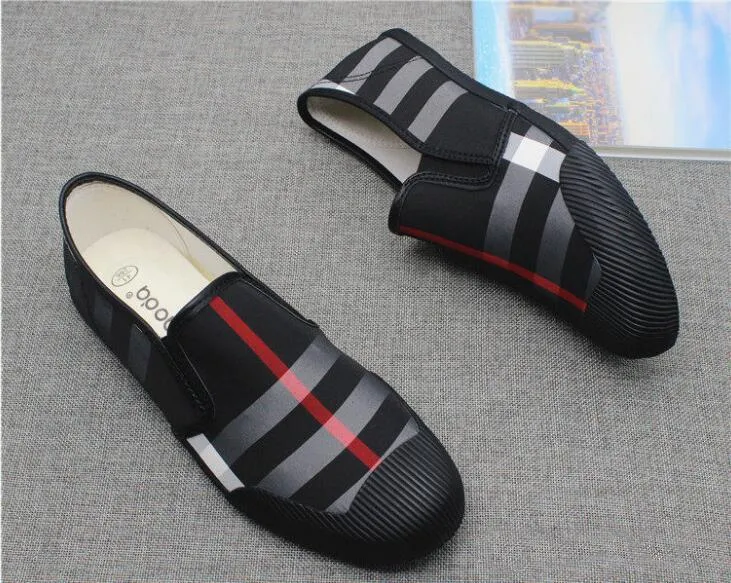 Cost-efficient Best-in-class Black Men Loafers Stripe Red Leather Canvas Shoes