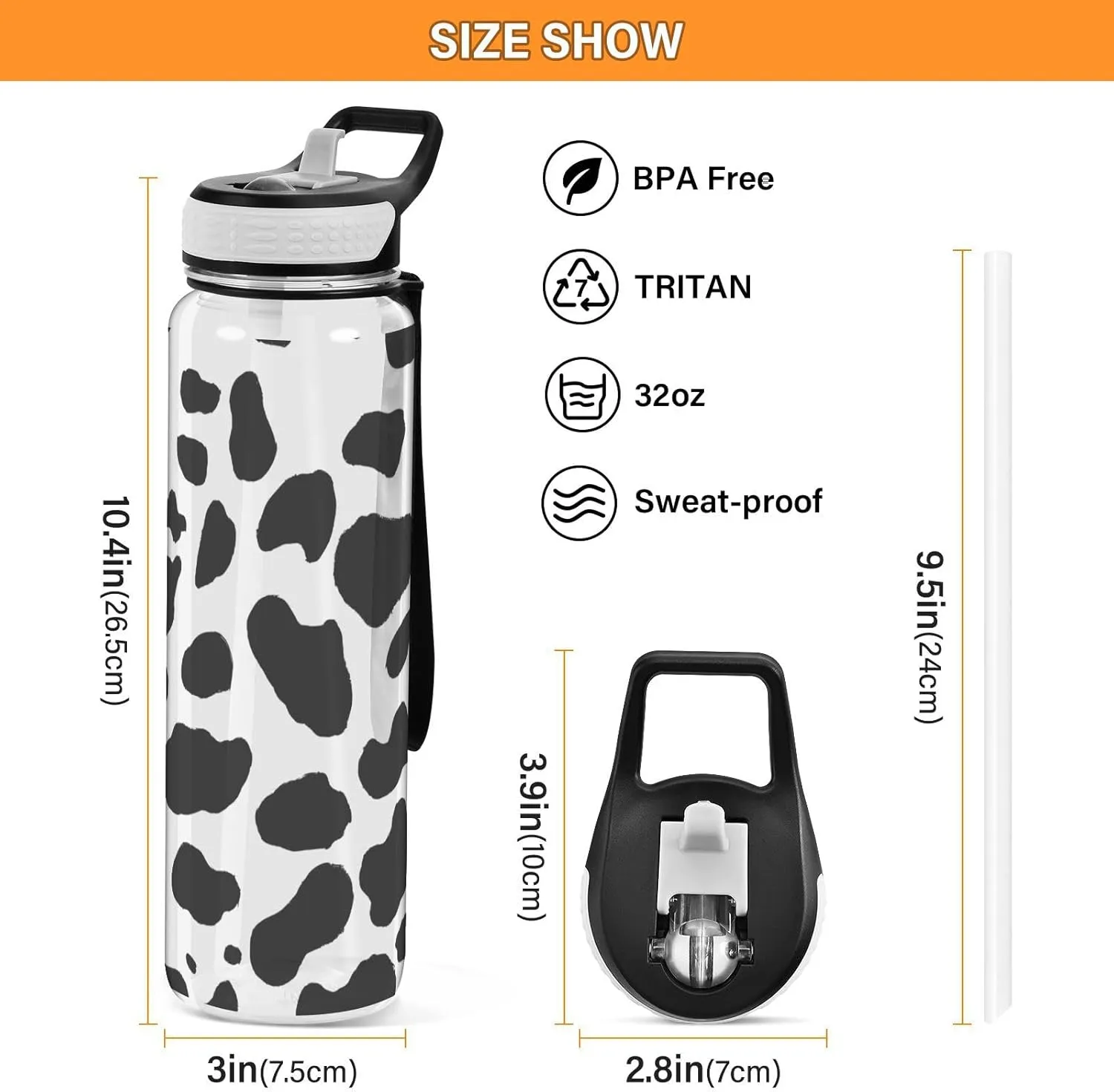 Cow Print Black & White Water Bottle with Straw Lid 32oz Leakproof Clear Gym Water Bottles for Women Men Outdoor Sport Drinking