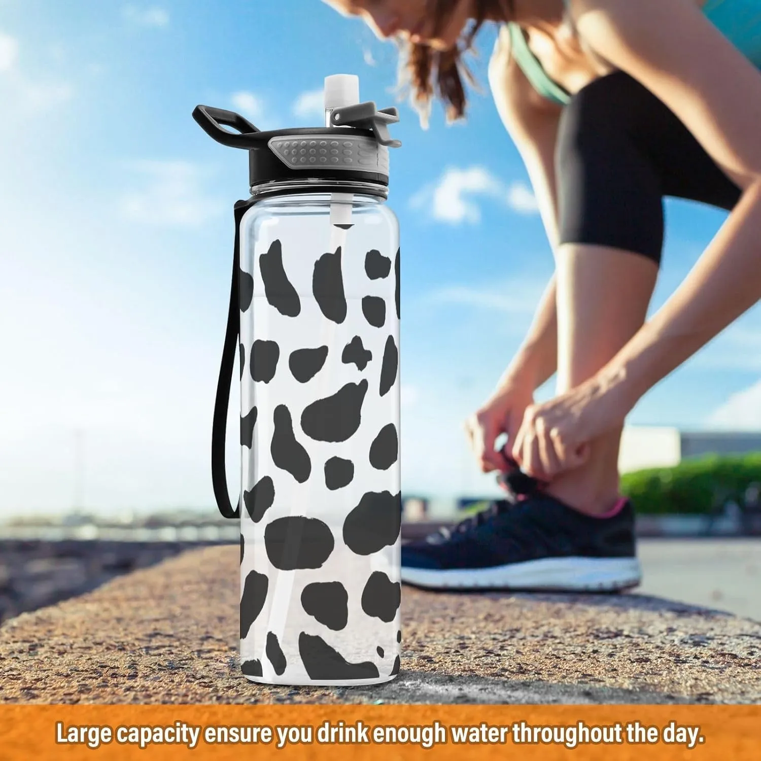 Cow Print Black & White Water Bottle with Straw Lid 32oz Leakproof Clear Gym Water Bottles for Women Men Outdoor Sport Drinking