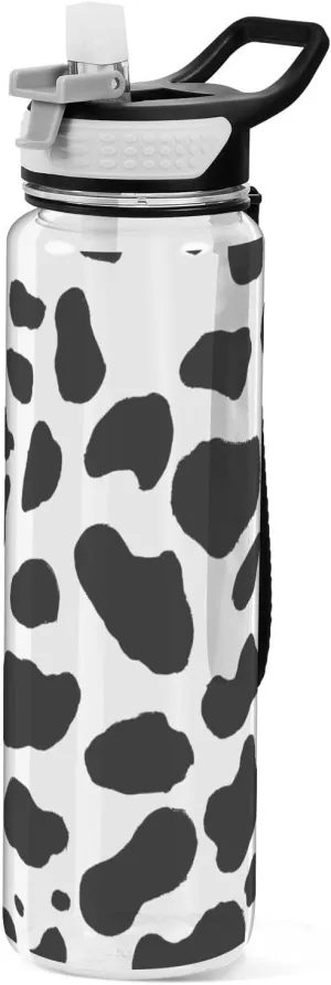Cow Print Black & White Water Bottle with Straw Lid 32oz Leakproof Clear Gym Water Bottles for Women Men Outdoor Sport Drinking