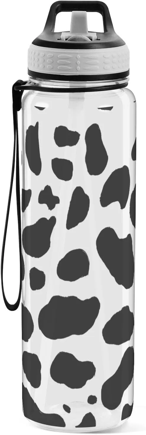 Cow Print Black & White Water Bottle with Straw Lid 32oz Leakproof Clear Gym Water Bottles for Women Men Outdoor Sport Drinking