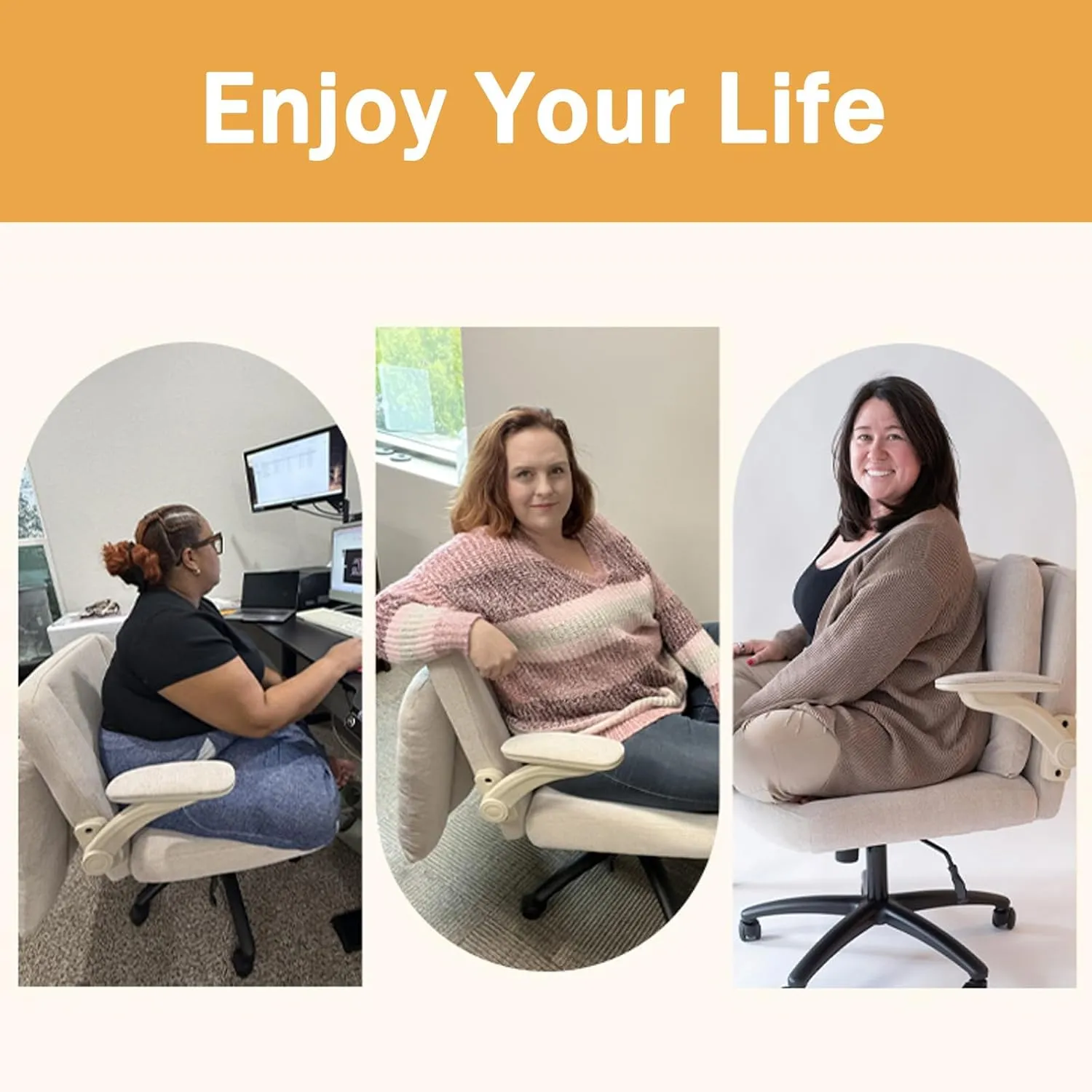 Criss Cross Chair with Arms, Plus Size Cross Legged Desk Chair with Flexible Back Cushion, Adjustable Arm Rest, Extra Wide Seat, 350lbs Fabric Home Office Chair with Castors and Bell Glides, Cocoa