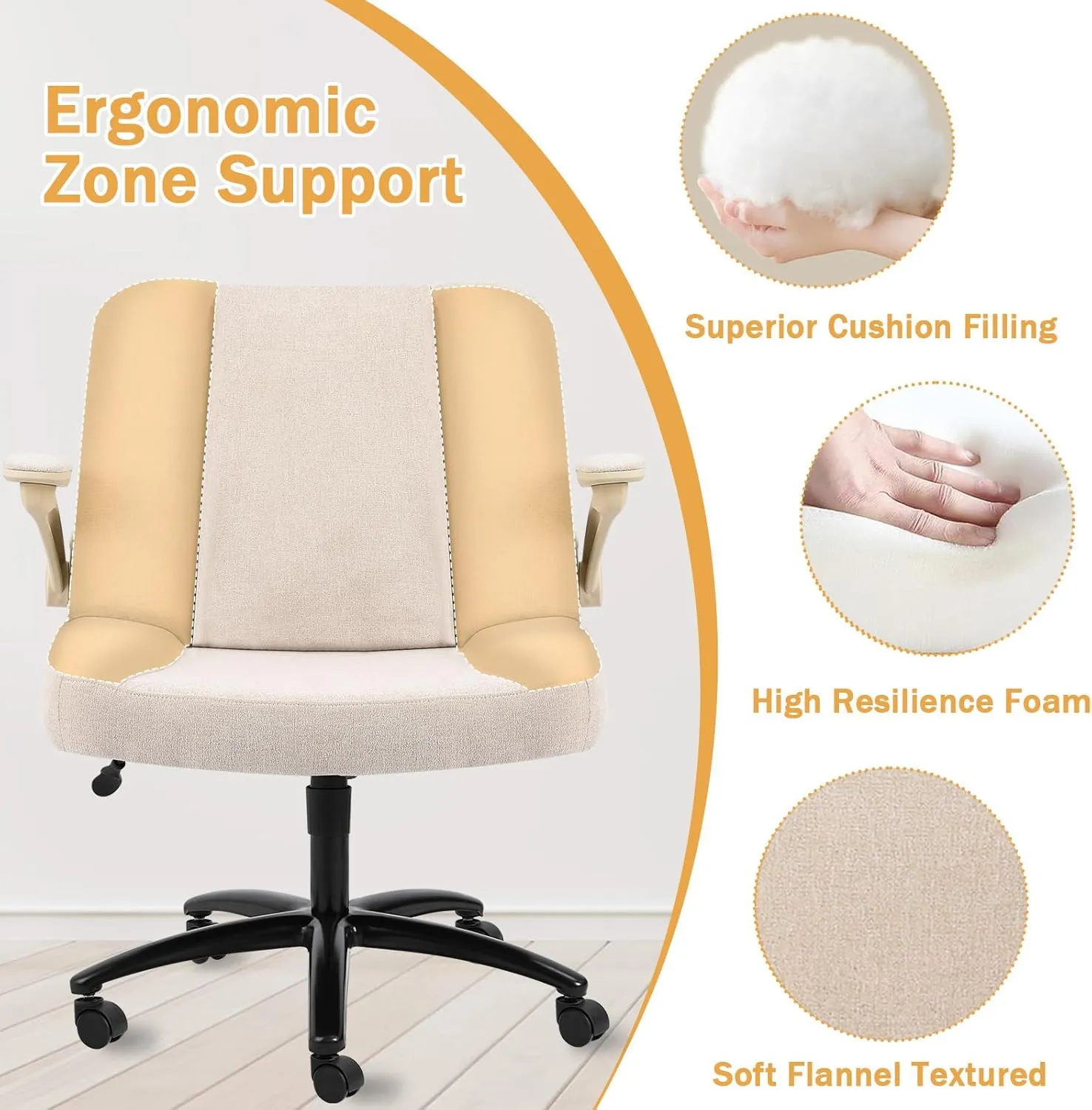 Criss Cross Chair with Arms, Plus Size Cross Legged Desk Chair with Flexible Back Cushion, Adjustable Arm Rest, Extra Wide Seat, 350lbs Fabric Home Office Chair with Castors and Bell Glides, Cocoa