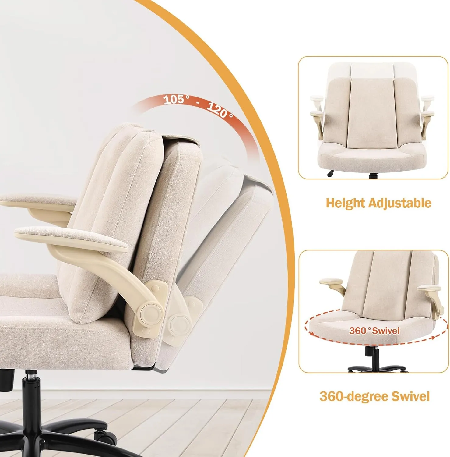Criss Cross Chair with Arms, Plus Size Cross Legged Desk Chair with Flexible Back Cushion, Adjustable Arm Rest, Extra Wide Seat, 350lbs Fabric Home Office Chair with Castors and Bell Glides, Cocoa