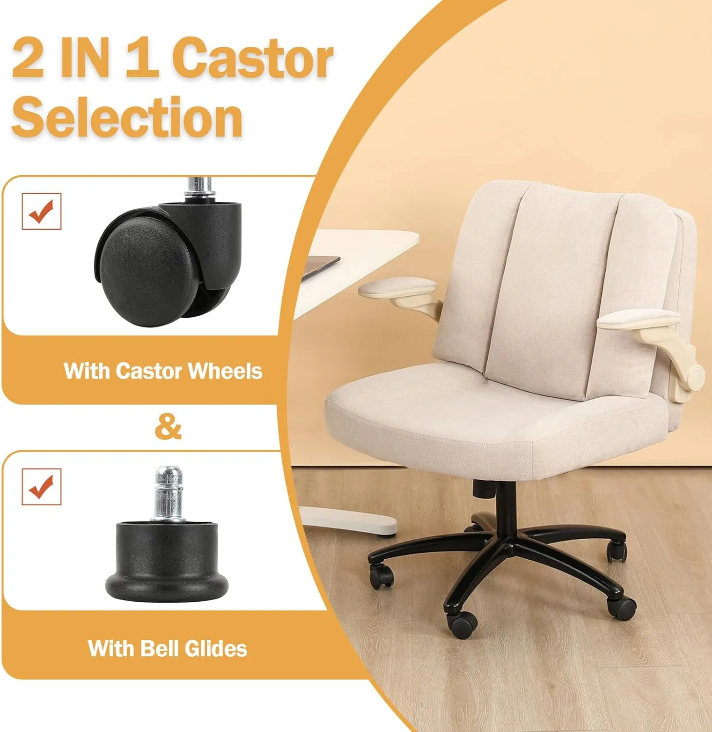 Criss Cross Chair with Arms, Plus Size Cross Legged Desk Chair with Flexible Back Cushion, Adjustable Arm Rest, Extra Wide Seat, 350lbs Fabric Home Office Chair with Castors and Bell Glides, Cocoa