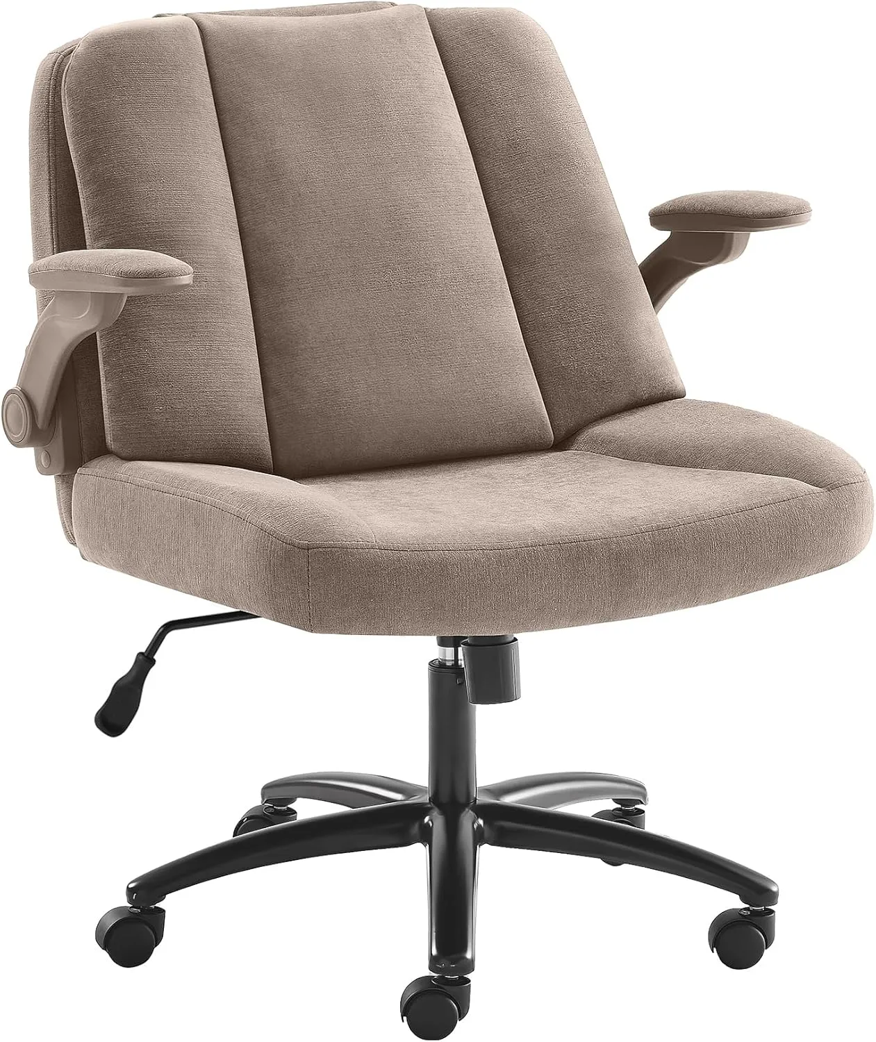 Criss Cross Chair with Arms, Plus Size Cross Legged Desk Chair with Flexible Back Cushion, Adjustable Arm Rest, Extra Wide Seat, 350lbs Fabric Home Office Chair with Castors and Bell Glides, Cocoa