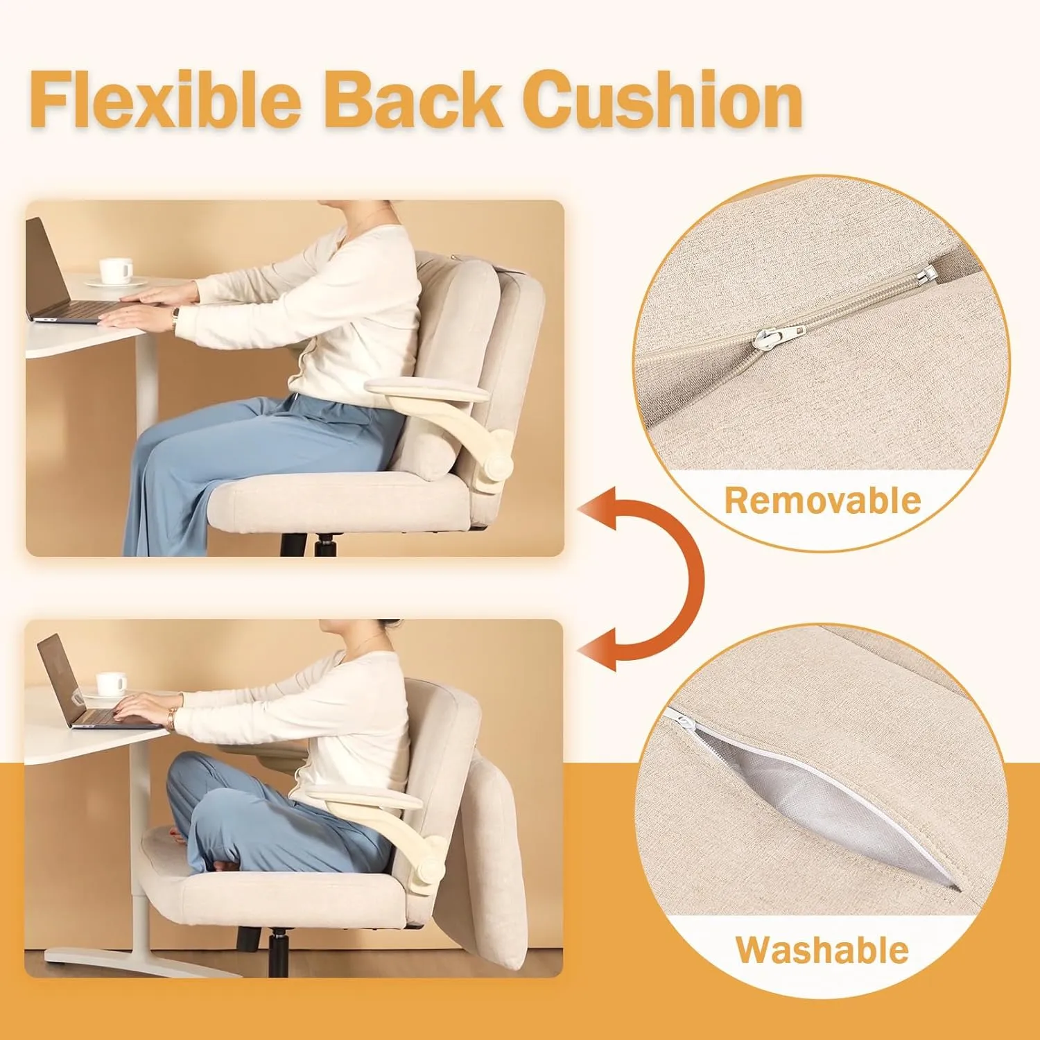 Criss Cross Chair with Arms, Plus Size Cross Legged Desk Chair with Flexible Back Cushion, Adjustable Arm Rest, Extra Wide Seat, 350lbs Fabric Home Office Chair with Castors and Bell Glides, Cocoa