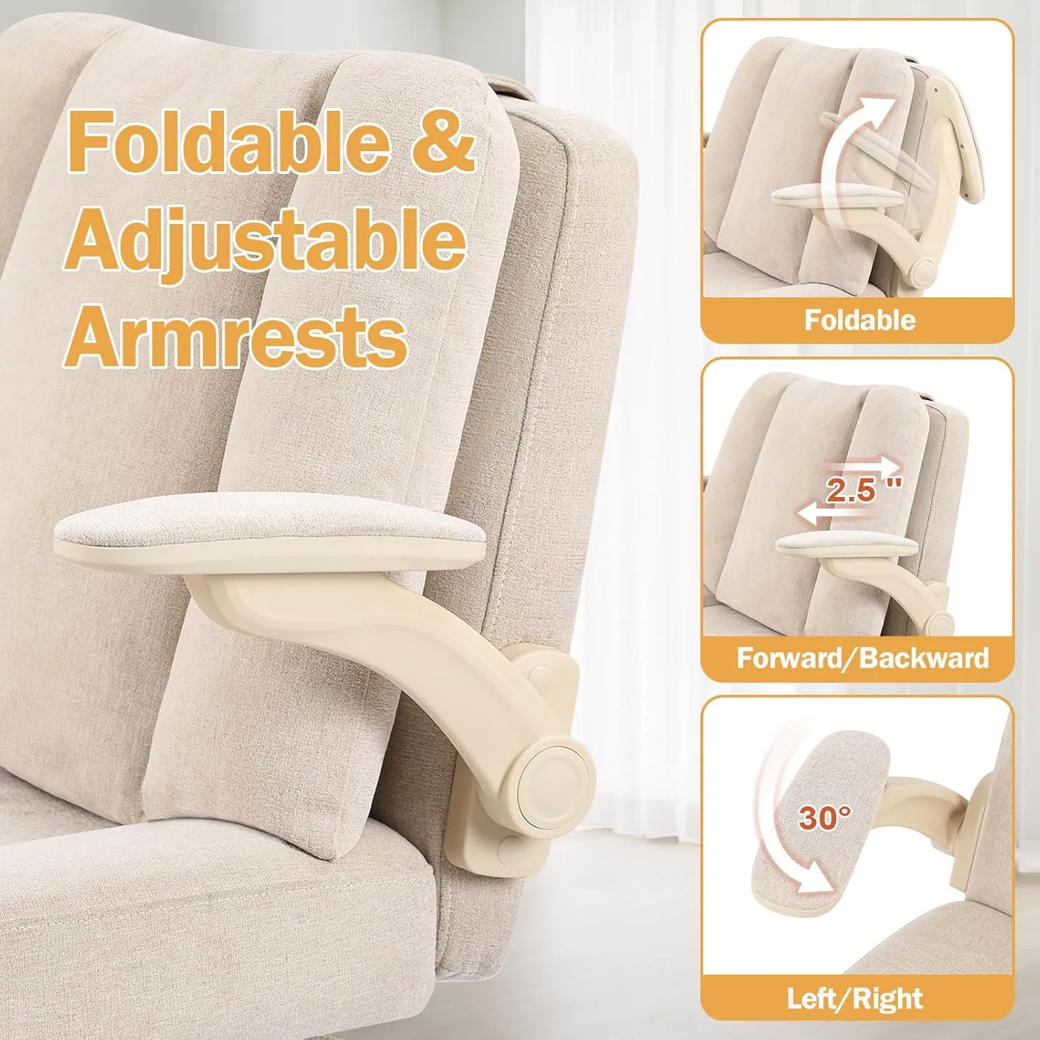 Criss Cross Chair with Arms, Plus Size Cross Legged Desk Chair with Flexible Back Cushion, Adjustable Arm Rest, Extra Wide Seat, 350lbs Fabric Home Office Chair with Castors and Bell Glides, Cocoa