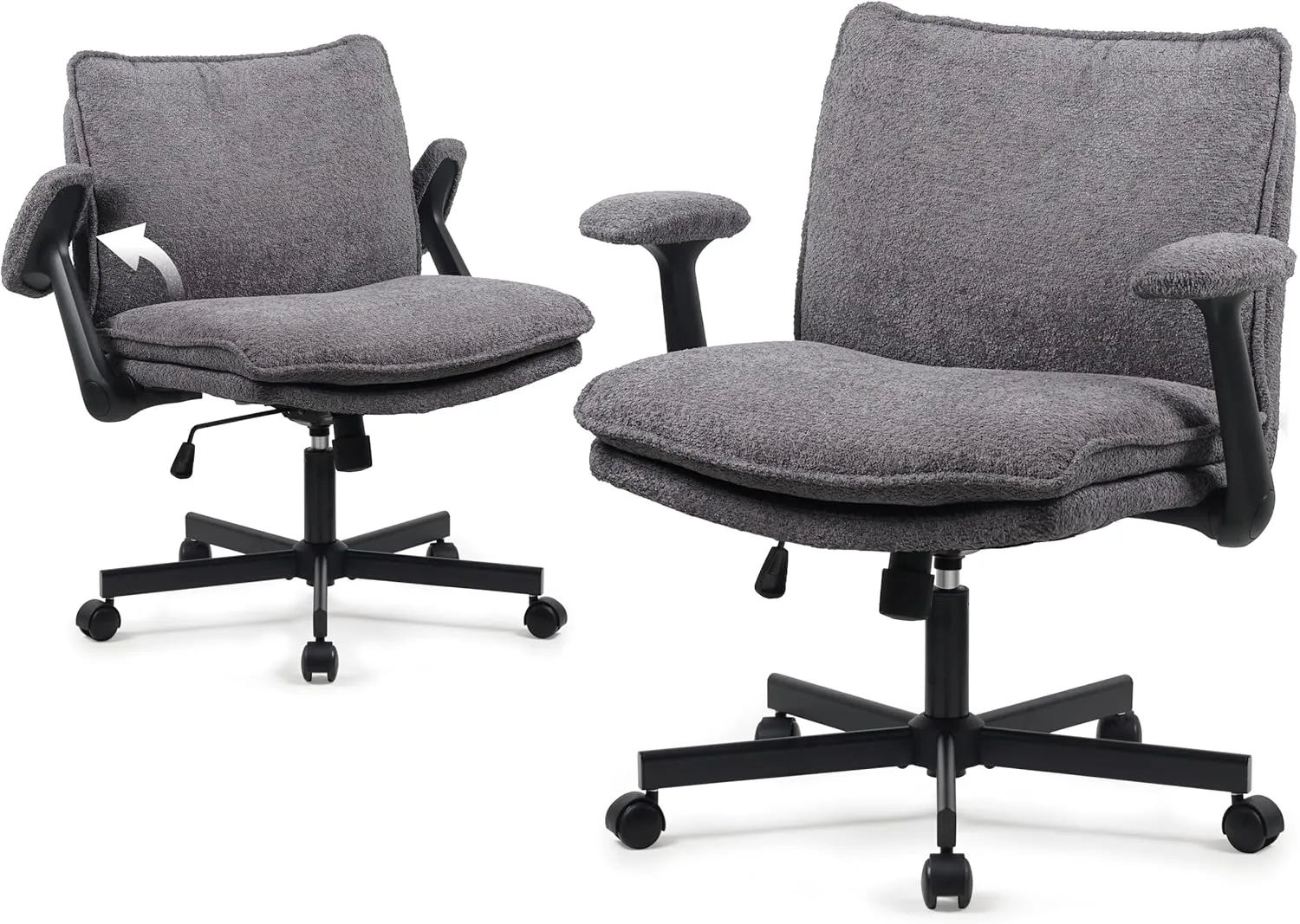 Criss Cross Legged Office Chair with Wheels and Flip-Up Arms, Upholstered Criss Cross Desk Chair, Wide Seat Chairs for Home Office, Vanity, Apartment, Grey