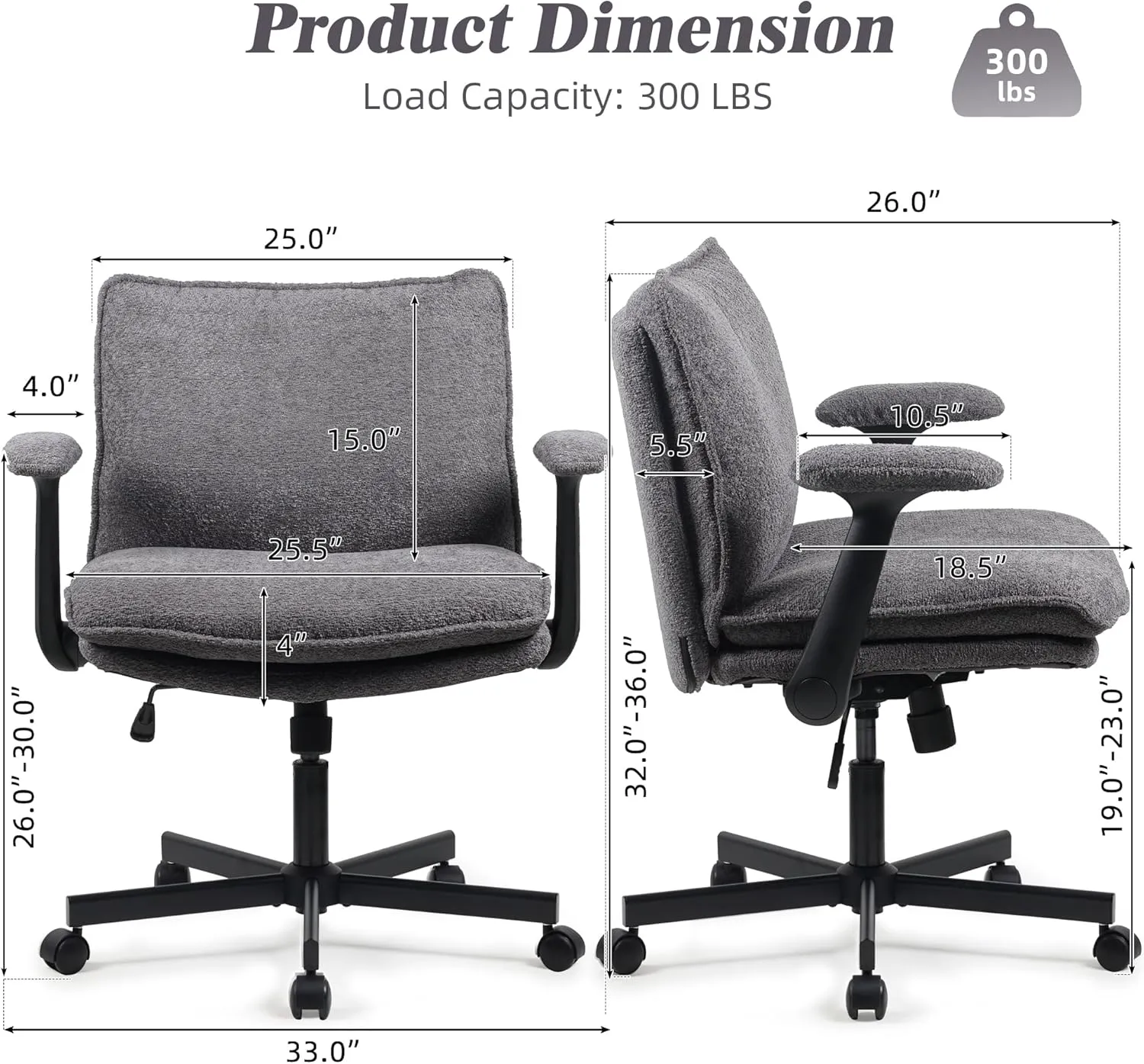 Criss Cross Legged Office Chair with Wheels and Flip-Up Arms, Upholstered Criss Cross Desk Chair, Wide Seat Chairs for Home Office, Vanity, Apartment, Grey