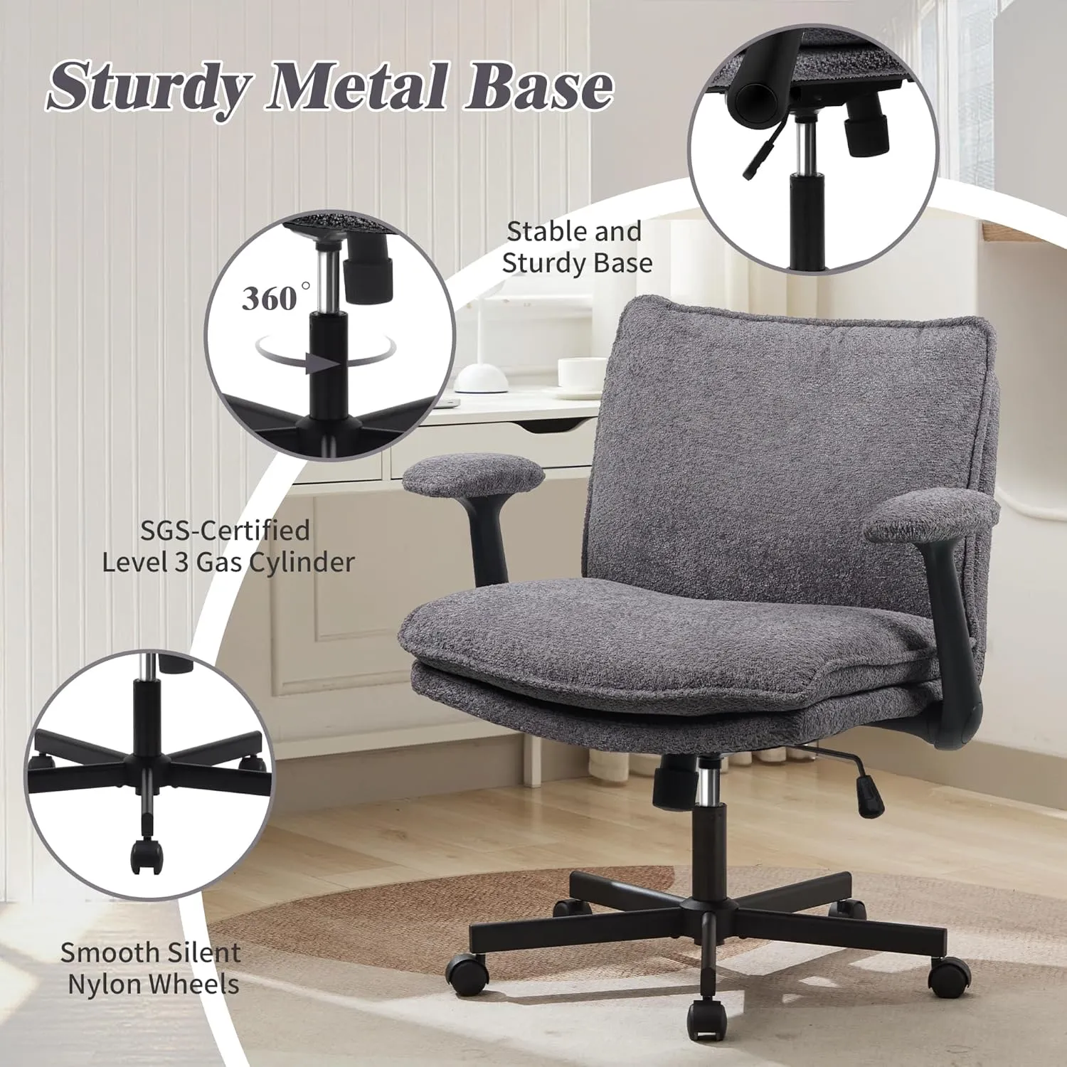 Criss Cross Legged Office Chair with Wheels and Flip-Up Arms, Upholstered Criss Cross Desk Chair, Wide Seat Chairs for Home Office, Vanity, Apartment, Grey