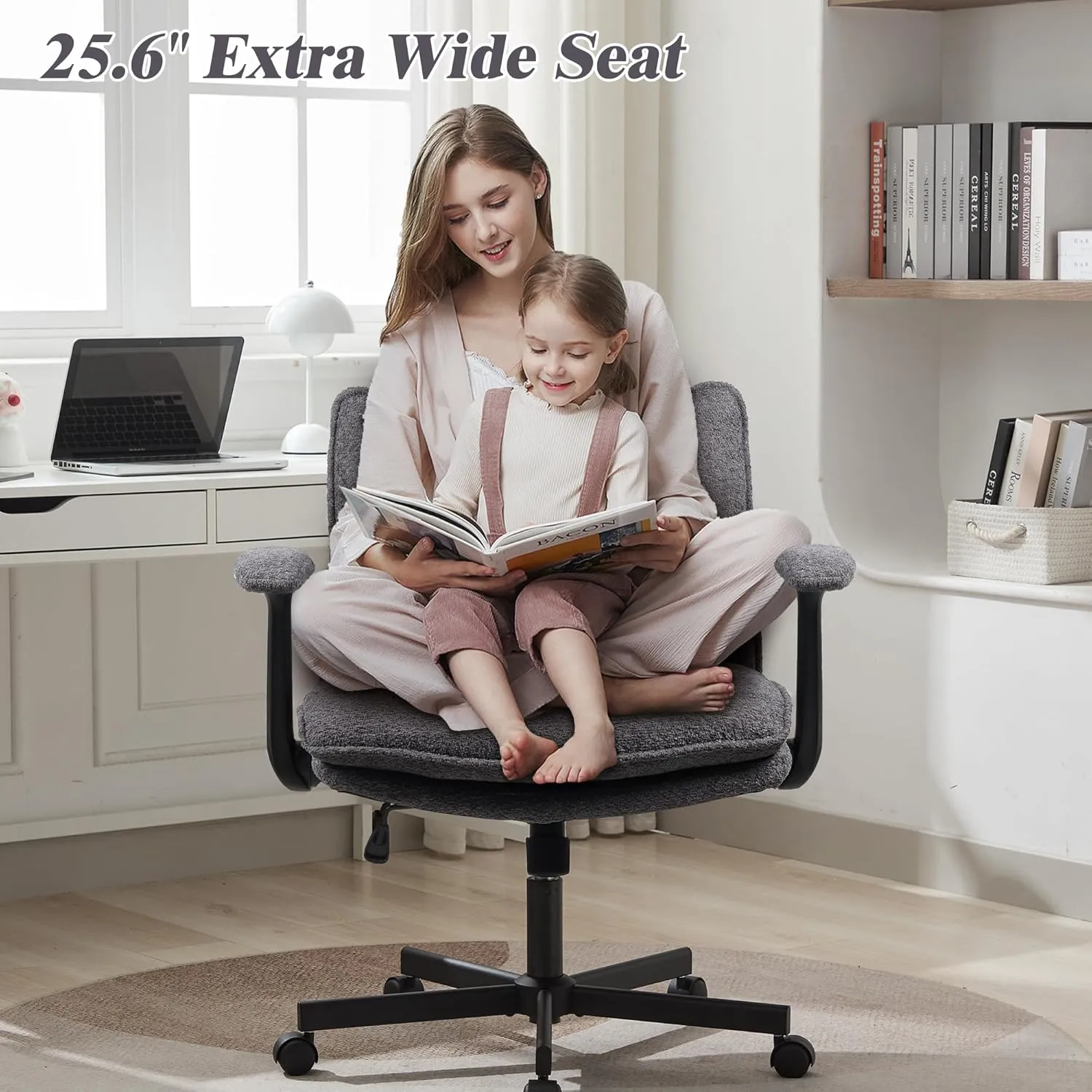 Criss Cross Legged Office Chair with Wheels and Flip-Up Arms, Upholstered Criss Cross Desk Chair, Wide Seat Chairs for Home Office, Vanity, Apartment, Grey