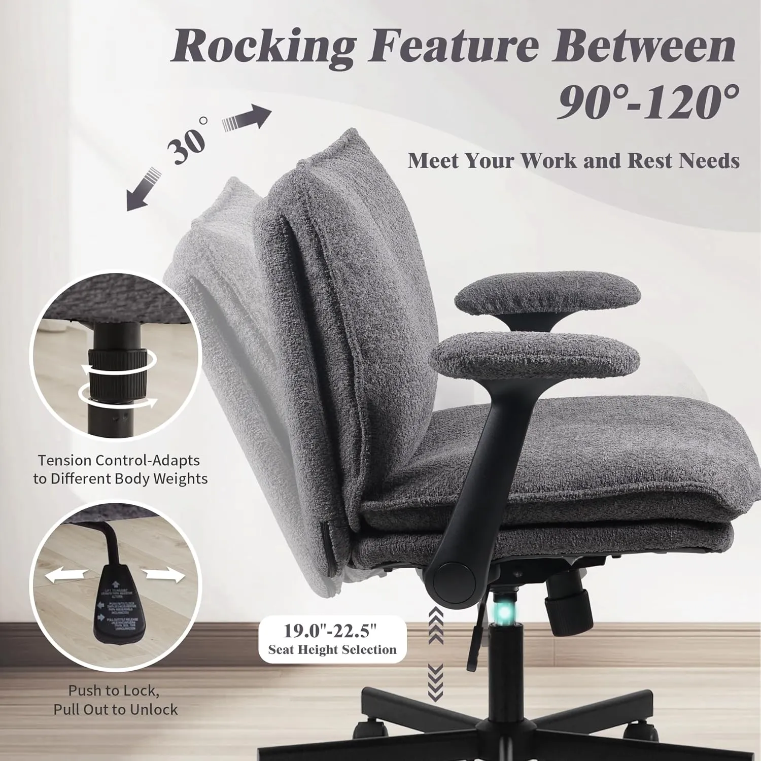 Criss Cross Legged Office Chair with Wheels and Flip-Up Arms, Upholstered Criss Cross Desk Chair, Wide Seat Chairs for Home Office, Vanity, Apartment, Grey