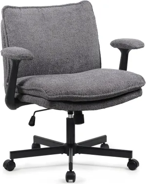 Criss Cross Legged Office Chair with Wheels and Flip-Up Arms, Upholstered Criss Cross Desk Chair, Wide Seat Chairs for Home Office, Vanity, Apartment, Grey