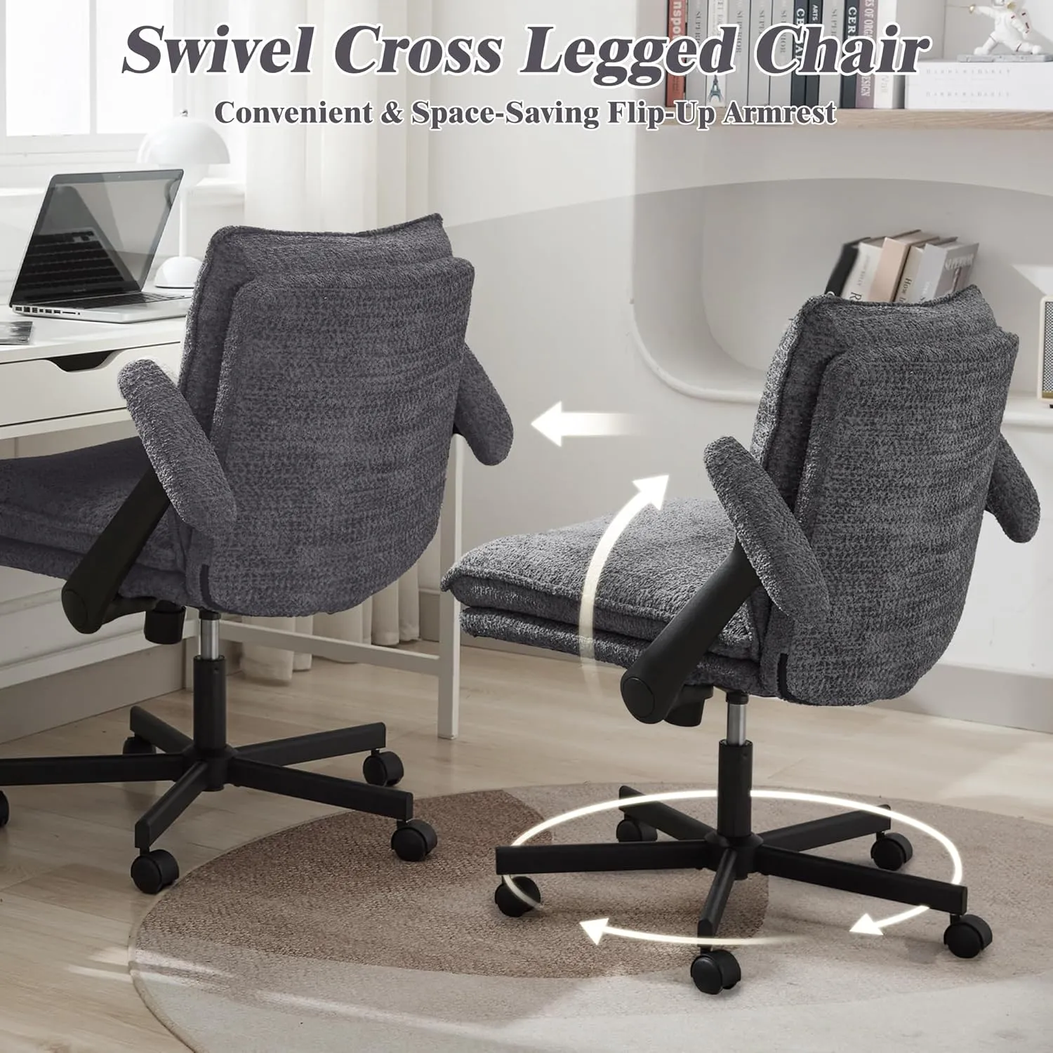 Criss Cross Legged Office Chair with Wheels and Flip-Up Arms, Upholstered Criss Cross Desk Chair, Wide Seat Chairs for Home Office, Vanity, Apartment, Grey