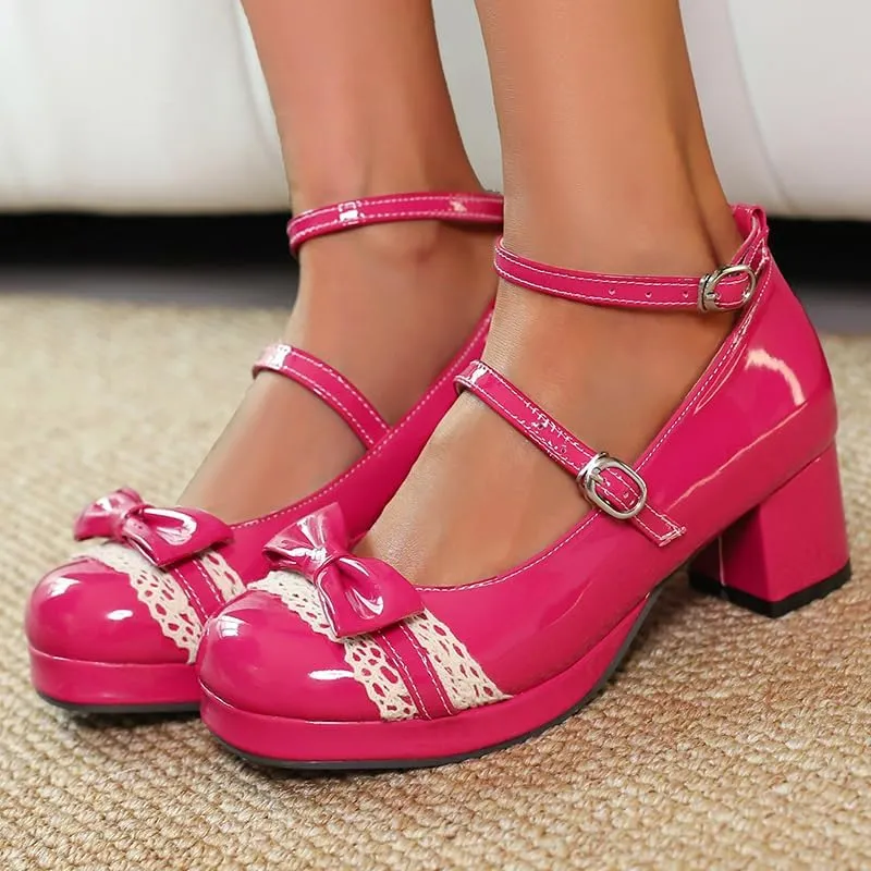 Cute Women Pumps Lolita Chunky Heel Comfortable Patent Leather Strappy Cosplay Gothic Shoes with Kawaii Bow