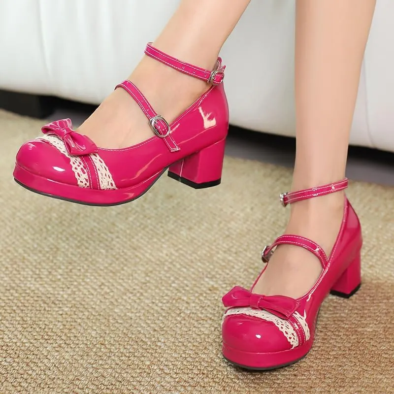 Cute Women Pumps Lolita Chunky Heel Comfortable Patent Leather Strappy Cosplay Gothic Shoes with Kawaii Bow