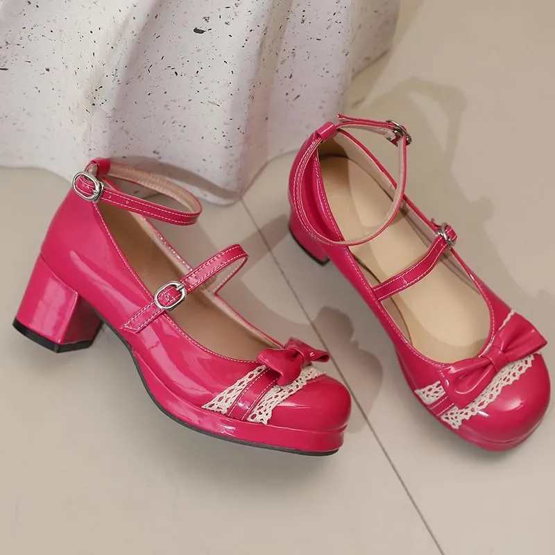 Cute Women Pumps Lolita Chunky Heel Comfortable Patent Leather Strappy Cosplay Gothic Shoes with Kawaii Bow