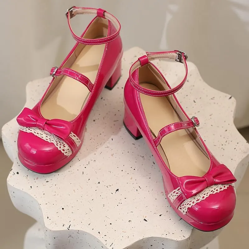 Cute Women Pumps Lolita Chunky Heel Comfortable Patent Leather Strappy Cosplay Gothic Shoes with Kawaii Bow