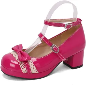 Cute Women Pumps Lolita Chunky Heel Comfortable Patent Leather Strappy Cosplay Gothic Shoes with Kawaii Bow