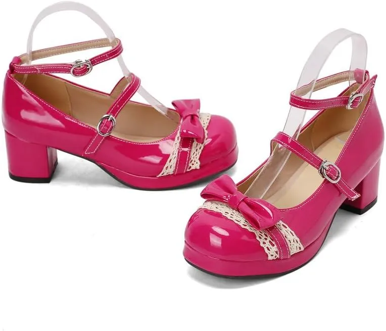 Cute Women Pumps Lolita Chunky Heel Comfortable Patent Leather Strappy Cosplay Gothic Shoes with Kawaii Bow