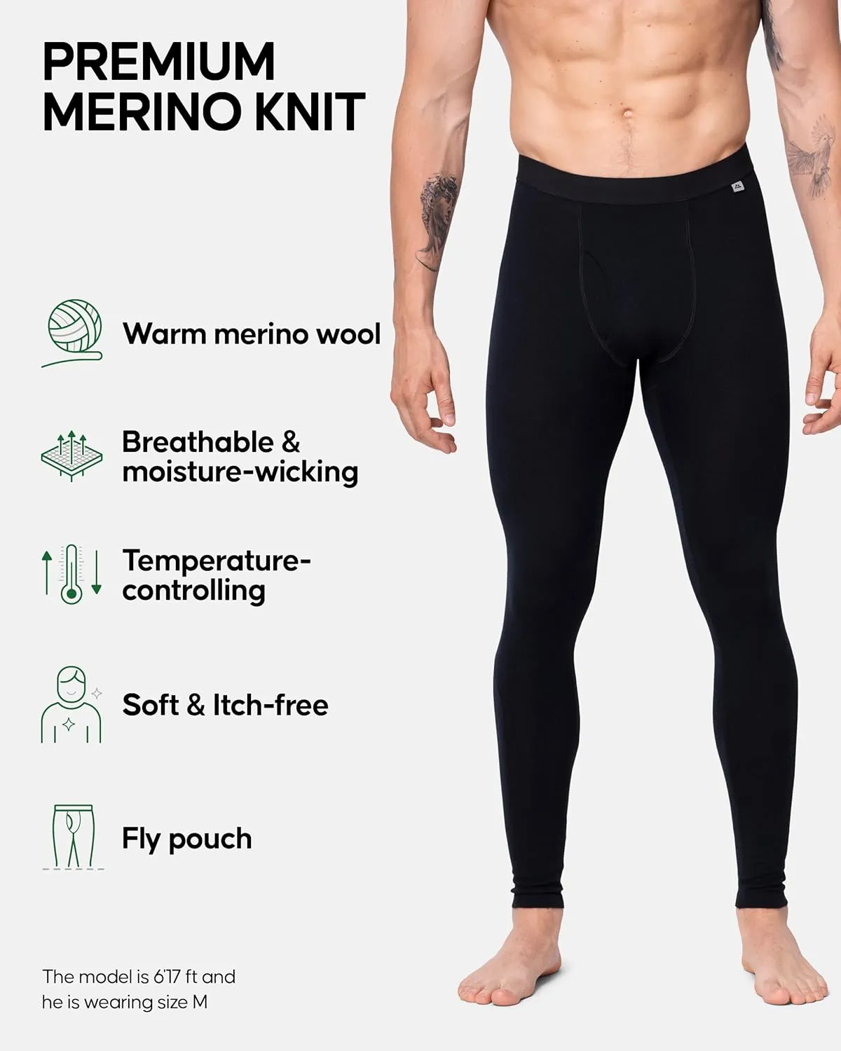 DANISH ENDURANCE Merino Wool Base Layer Pants for Men, Thermal Long Johns