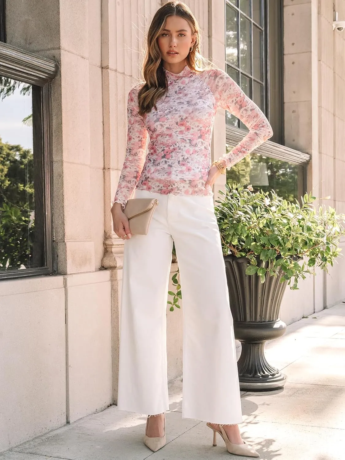 Dealmore Lace Long Sleeve Floral Mesh Mockneck Going Out Tops for Women Fashion Fall Outfits 2025