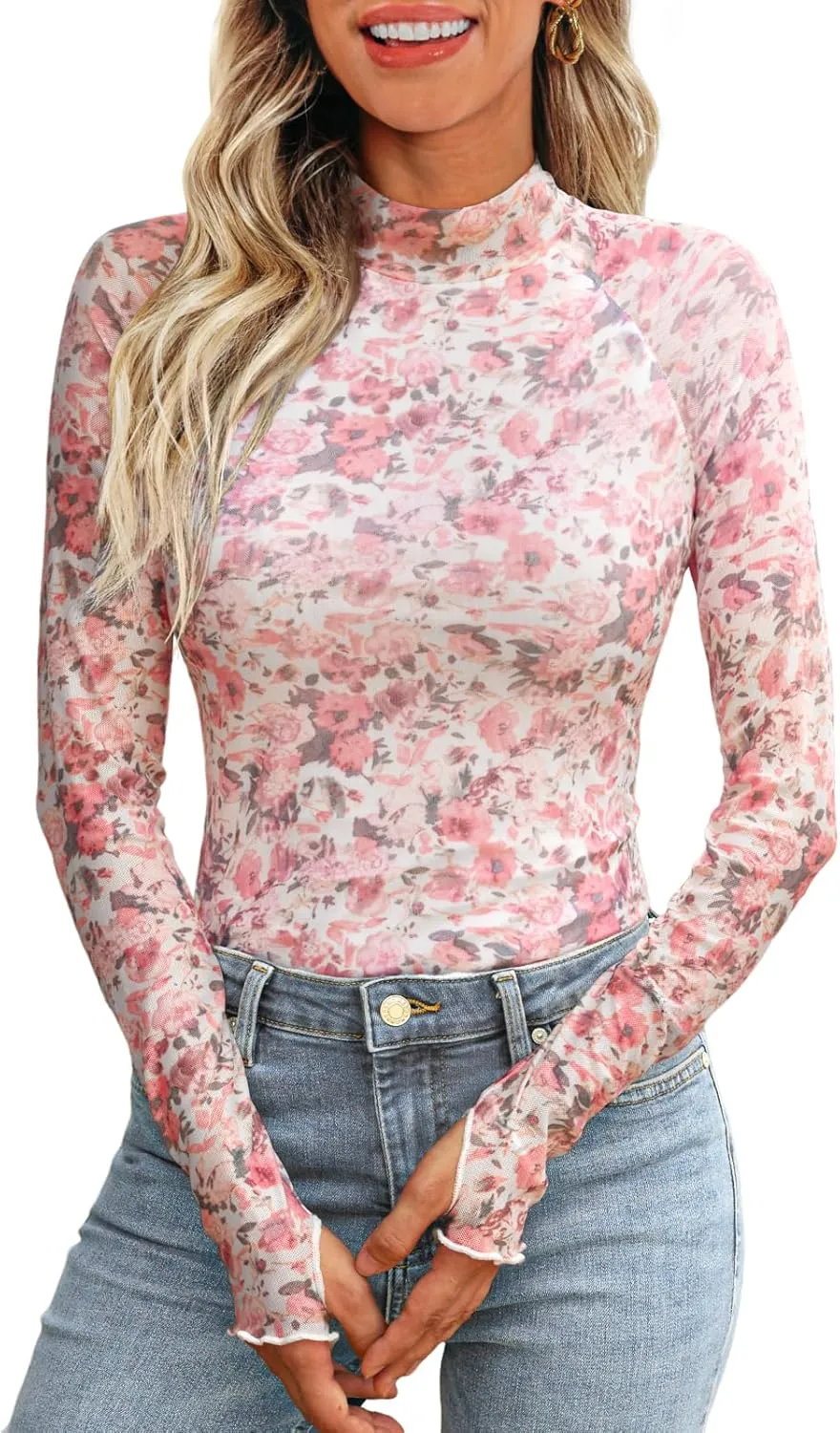 Dealmore Lace Long Sleeve Floral Mesh Mockneck Going Out Tops for Women Fashion Fall Outfits 2025