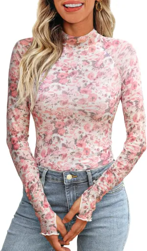 Dealmore Lace Long Sleeve Floral Mesh Mockneck Going Out Tops for Women Fashion Fall Outfits 2025