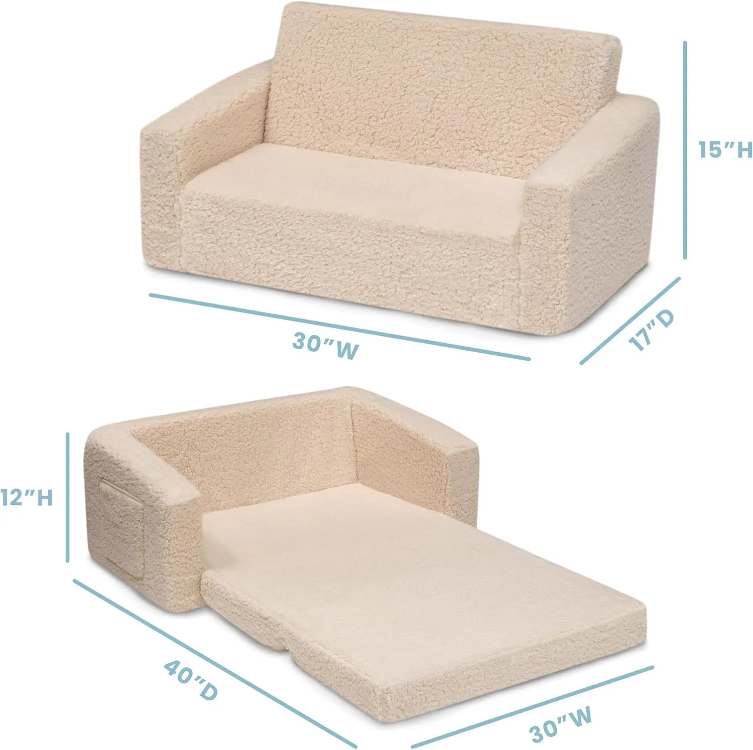 Delta Children Cozee Flip-Out Sherpa 2-in-1 Convertible Sofa to Lounger for Kids, Cream