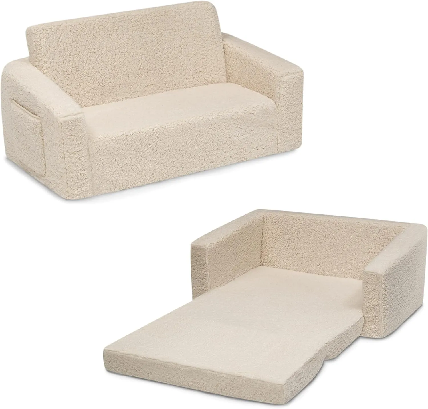 Delta Children Cozee Flip-Out Sherpa 2-in-1 Convertible Sofa to Lounger for Kids, Cream