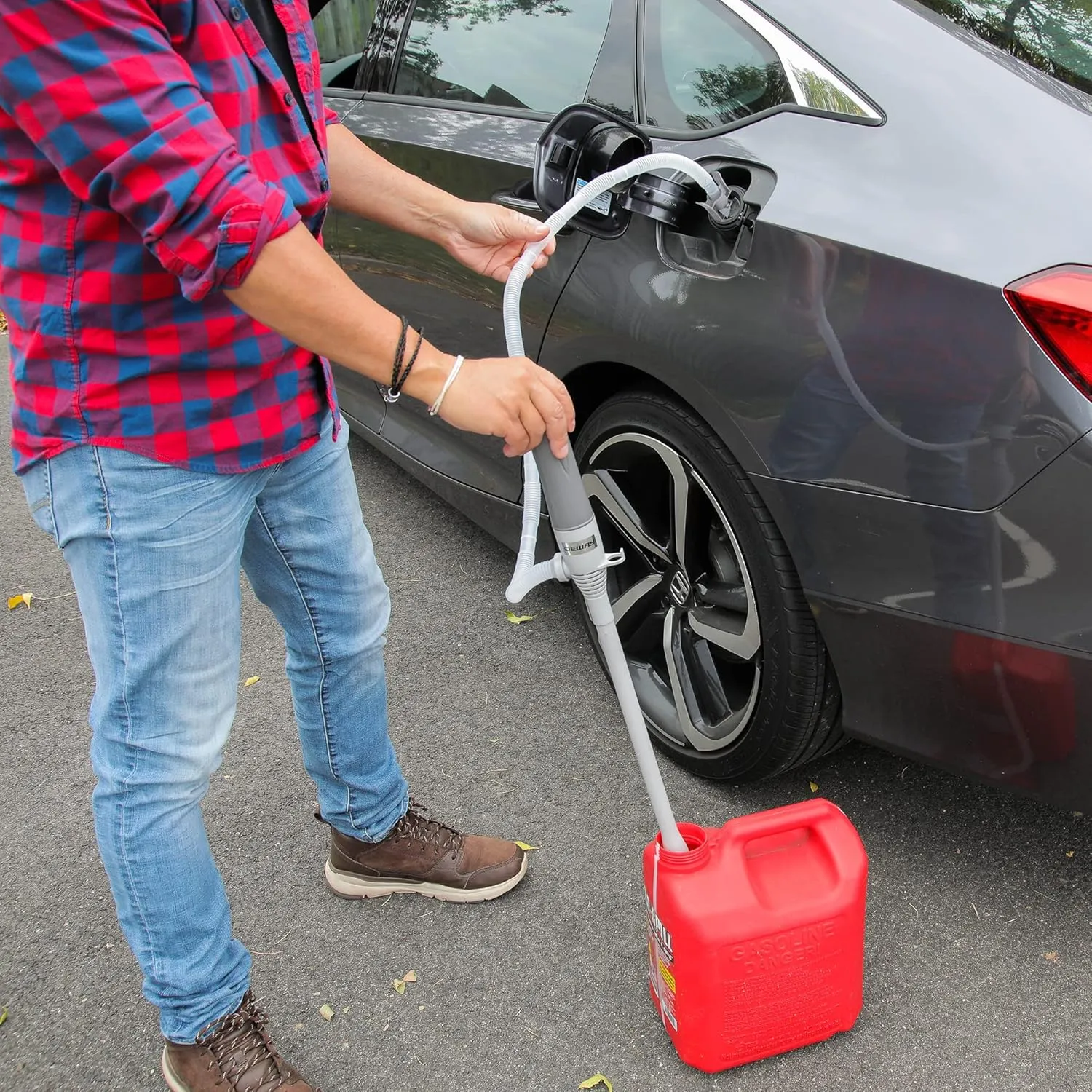 DEWAY Automatic Fuel Transfer Pump - 3X More Powerful D Battery Powered, Extra Long Hose Fits All Size Cans, Portable Liquid Pump Transfers Gasoline, Water & More at 2.6 Gal/Minute
