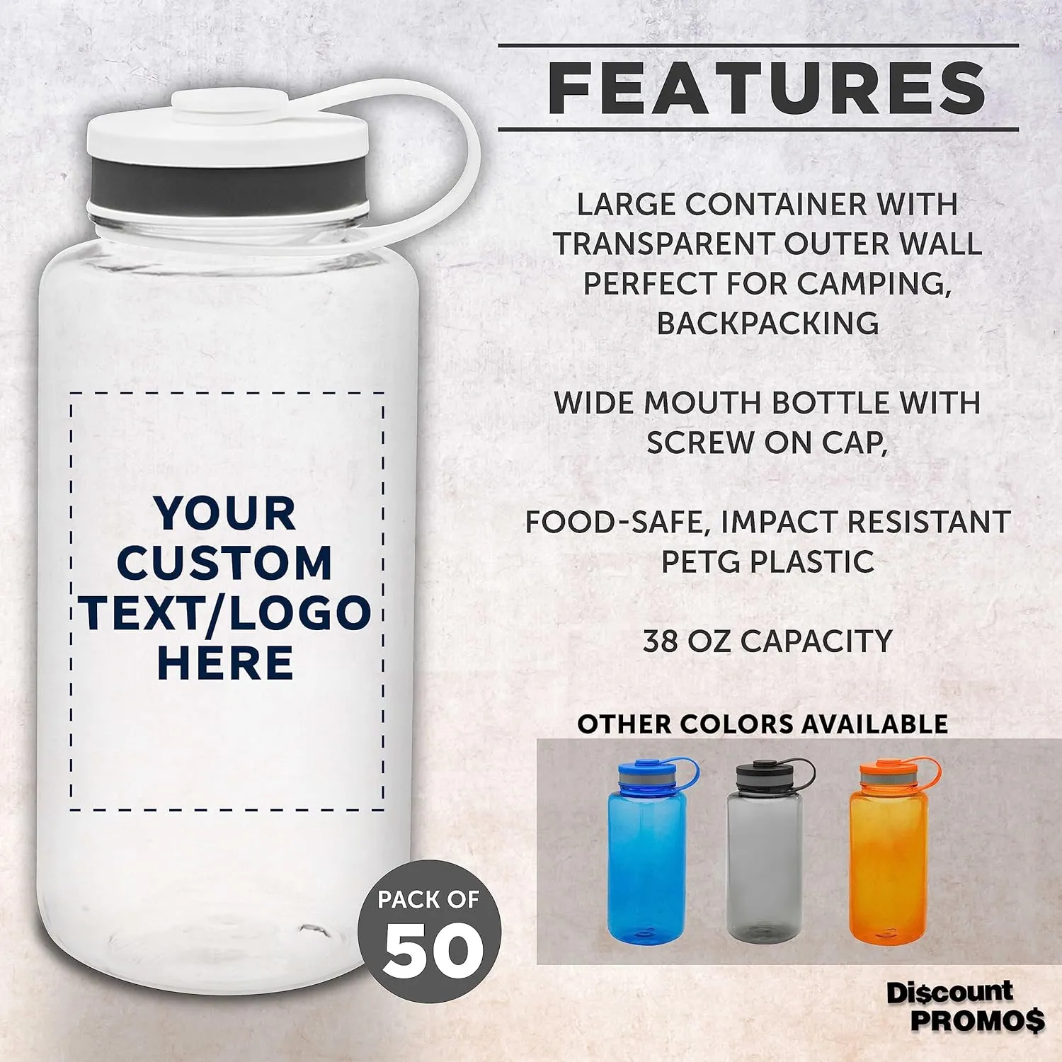 DISCOUNT PROMOS Custom Plastic Sports Water Bottles with Flip Lid 38 oz. Set of 50, Personalized Bulk Pack - Great for Gym, Hiking, Cycling, Camping, Backpacking, School - Clear