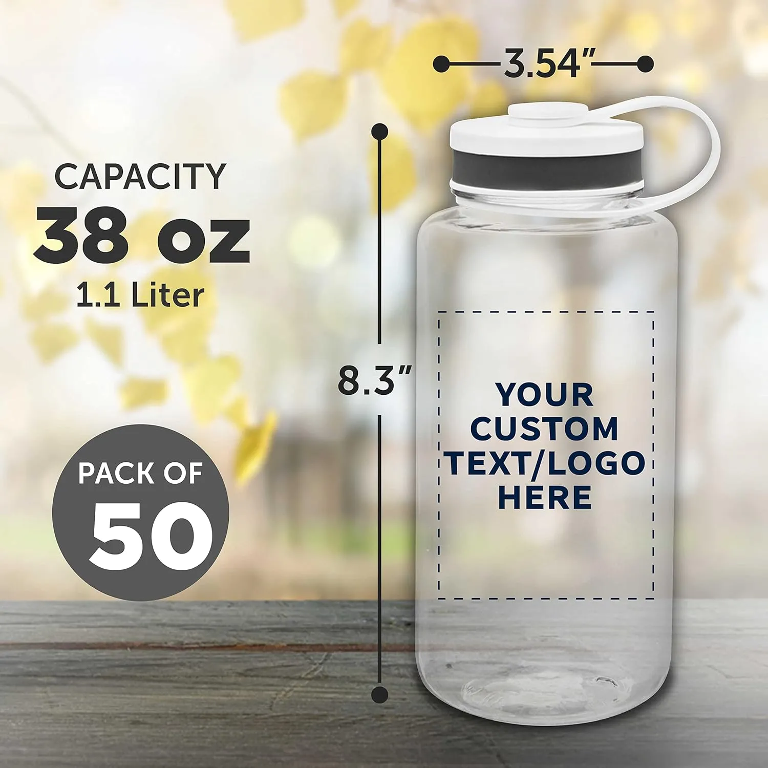 DISCOUNT PROMOS Custom Plastic Sports Water Bottles with Flip Lid 38 oz. Set of 50, Personalized Bulk Pack - Great for Gym, Hiking, Cycling, Camping, Backpacking, School - Clear