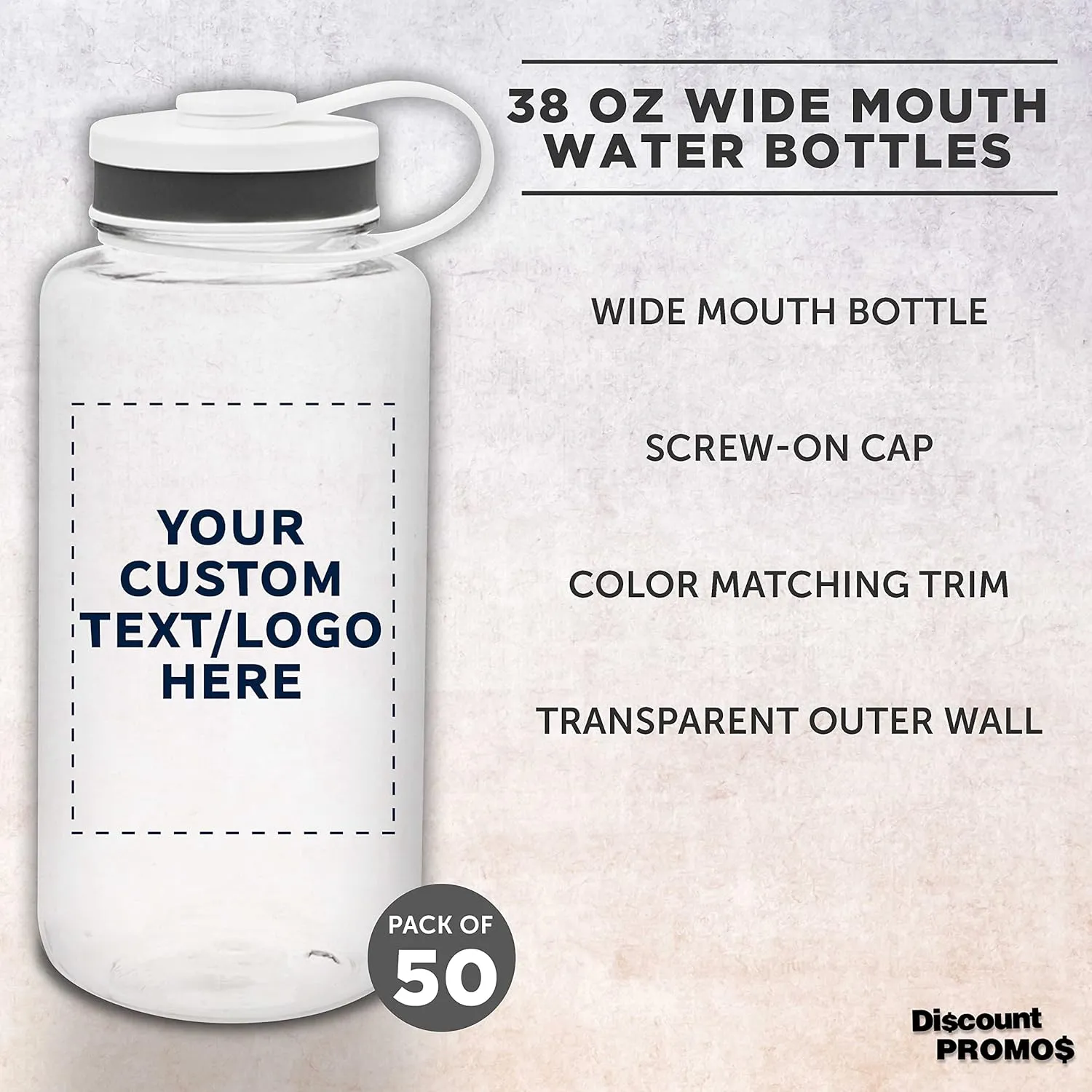 DISCOUNT PROMOS Custom Plastic Sports Water Bottles with Flip Lid 38 oz. Set of 50, Personalized Bulk Pack - Great for Gym, Hiking, Cycling, Camping, Backpacking, School - Clear